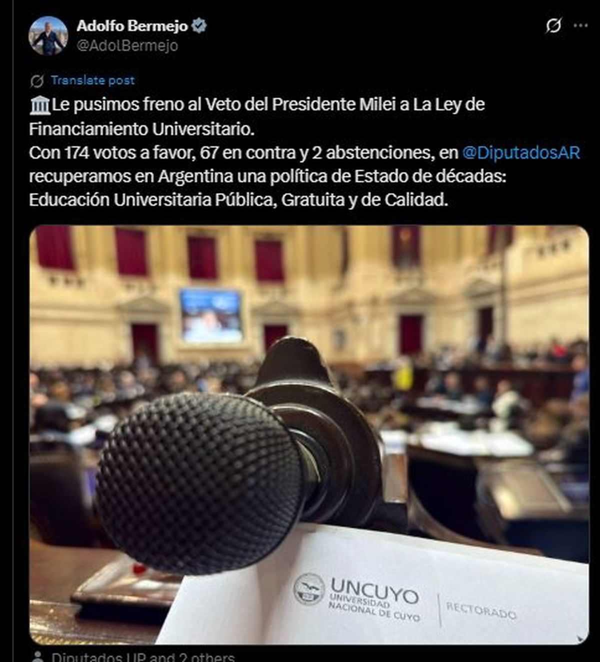 El diputado justicialista Adolfo Bermejo fue uno de los que primero se expresó en las redes luego de votar a favor de la Ley de Financiamiento Universitario. 