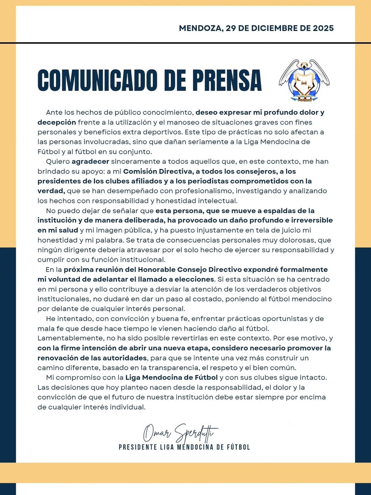 El comunicado completo de Omar Sperdutti en las redes oficiales de la Liga Mendocina de Fútbol.
