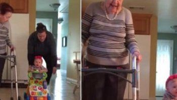 Una abuela de 95 años le enseña a caminar a su bisnieta