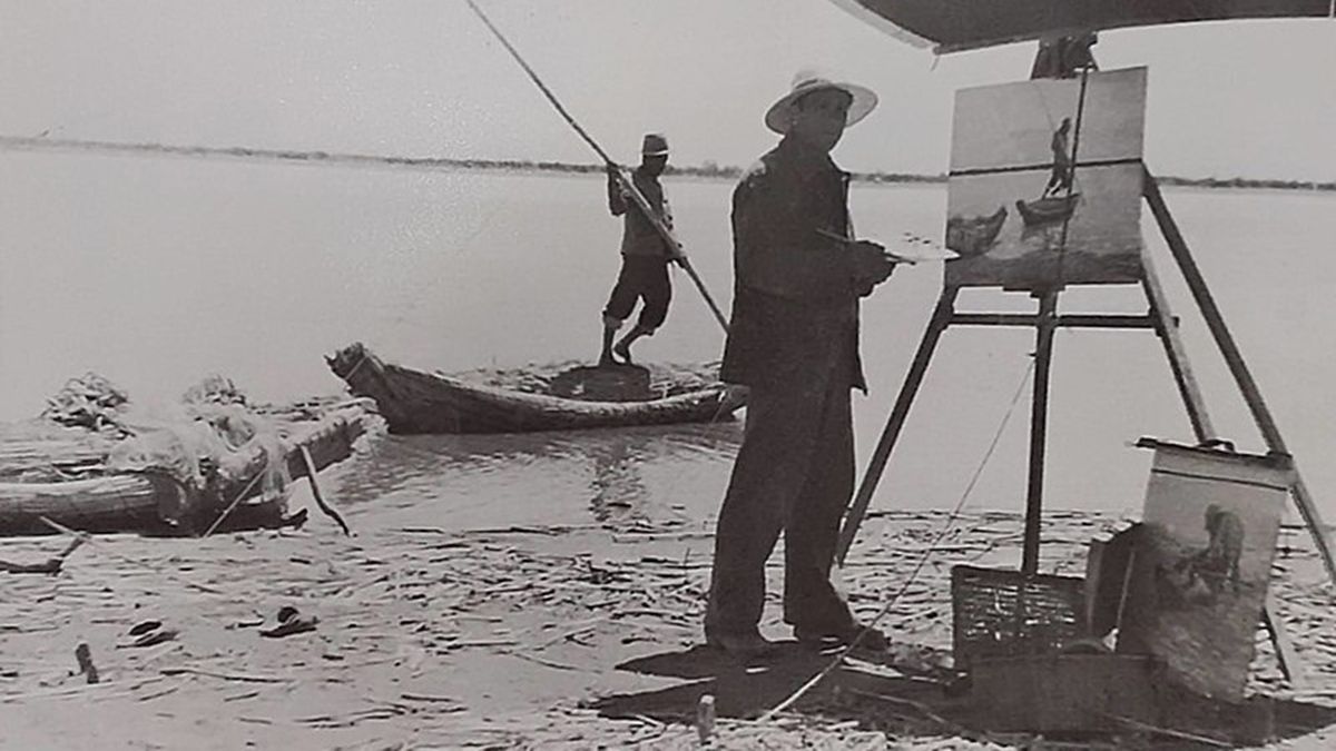 Fidel Roig Matons trabajando en la laguna de La Balsita sobre el cuadro Partiendo para la pesca en la laguna del Toro.