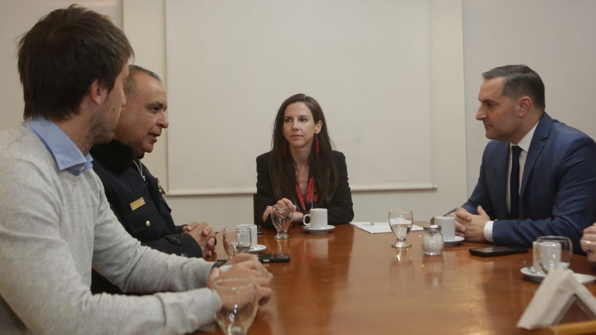 La ministra de Seguridad y Justicia, Mercedes Rus, junto a su par neuquino, Matías Nicolini (derecha), también participaron de la reunión el jefe de la Policía, Marcelo Calipo, y el subsecretario de Tecnología Aplicada a la Seguridad, Leandro Biskupovich.