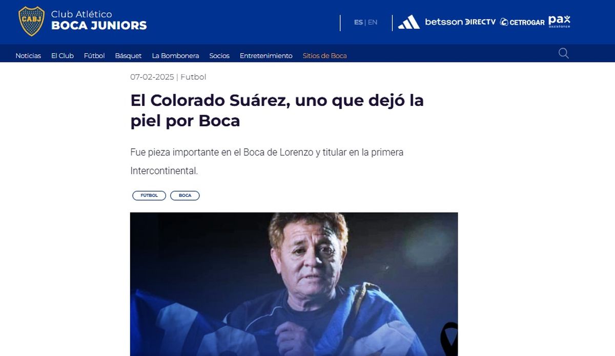 La publicación de Boca en su página web. La publicación de Boca en su página web.