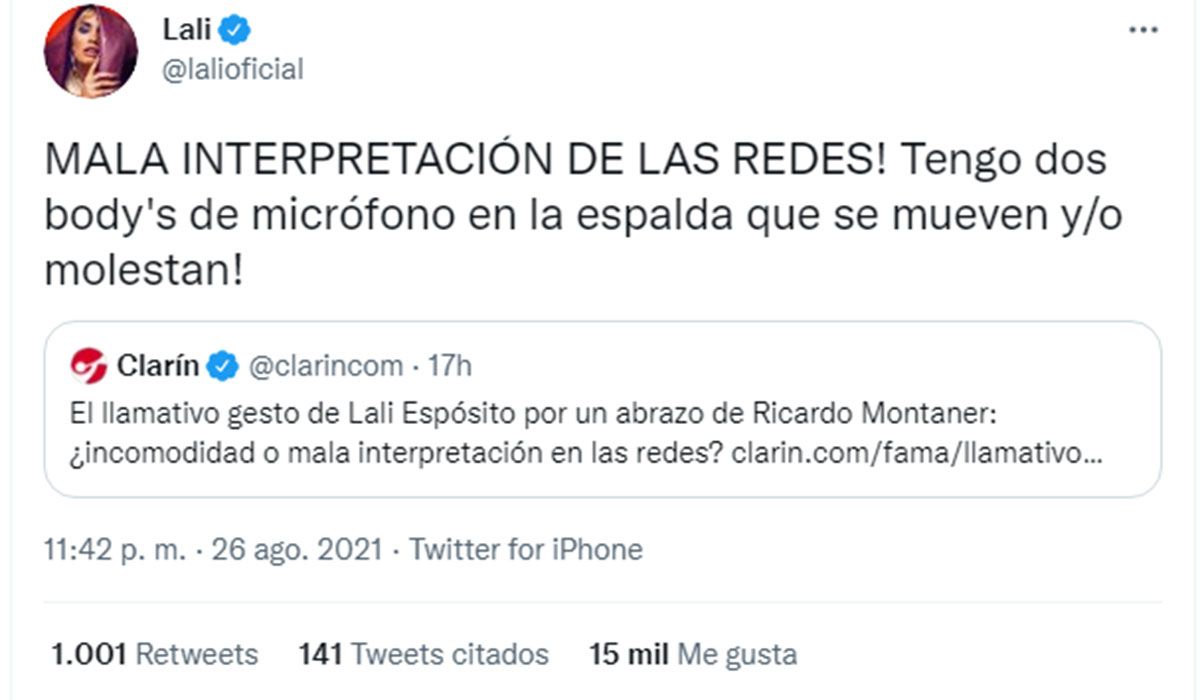 LA respuesta de Lali Espósito al malentendido por el abrazo de Ricardo Montaner en La Voz Argentina 2021