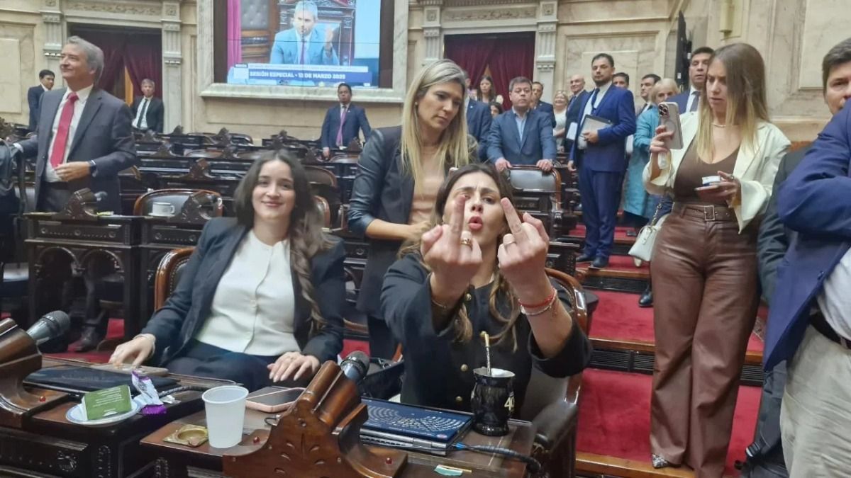 La diputada Marcela Pagano y un gesto elocuente. La sesión del miércoles en el Congreso fue un escándalo. Foto: Noticias Argentinas&nbsp;