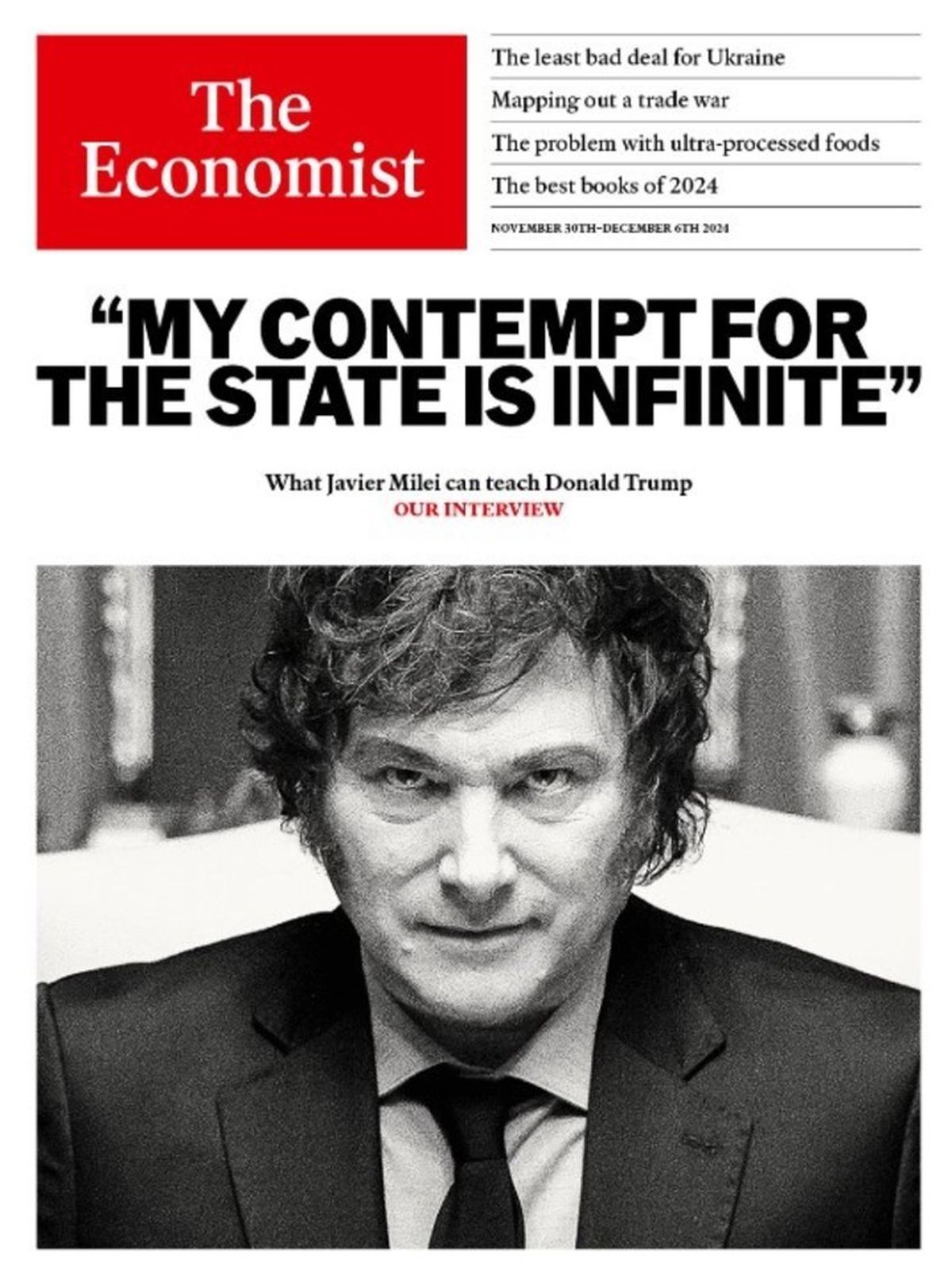 The Economist destacó a Milei entre los referentes más importantes del año. En la imagen, una frase que despertó repercusiones: "Mi desprecio por el Estado es infinito". The Economist destacó a Milei entre los referentes más importantes del año. En la imagen, una frase que despertó repercusiones: "Mi desprecio por el Estado es infinito".
