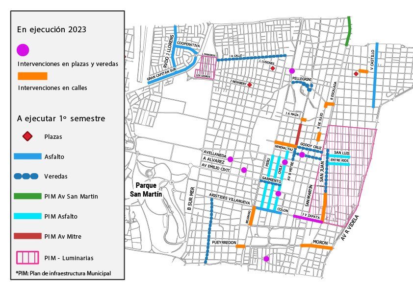 Plano de las obras de la Municipalidad de la Ciudad de Mendoza. El circulito color magenta y la barra naranja señalan las obras que se están realizando, mientras que el resto son las que se harán este año calendario.