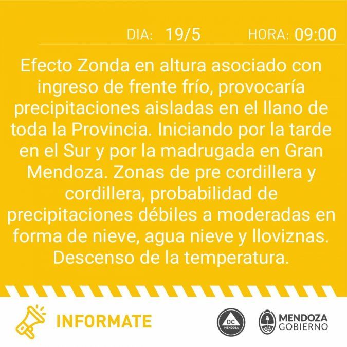 Pron&oacute;stico del tiempo: fr&iacute;o, lluvia y Zonda en altura. La temperatura en Mendoza descender&aacute; hasta tener 12 de m&aacute;xima el viernes.