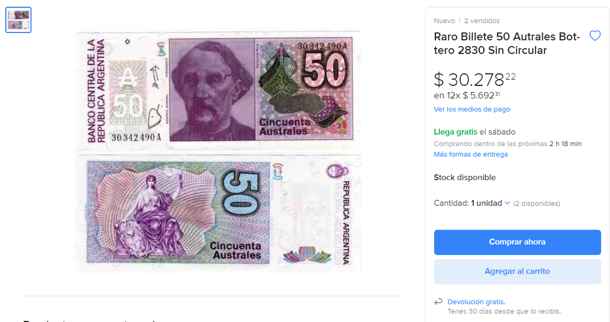 En Mercado Libre pagan hasta $30.278 por este billete de 50 australes. En Mercado Libre pagan hasta $30.278 por este billete de 50 australes.