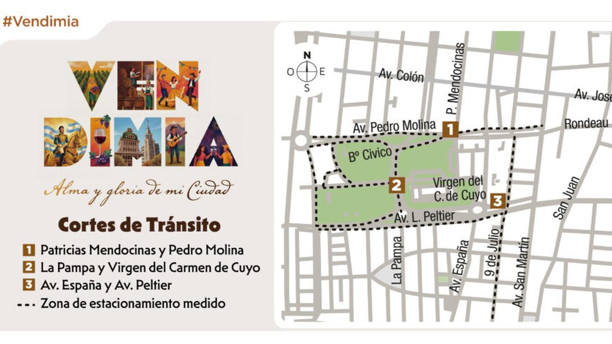 Este es el mapa de los cortes de tránsito que se darán durante este viernes por la Vendimia de Capital. Este es el mapa de los cortes de tránsito que se darán durante este viernes por la Vendimia de Capital.