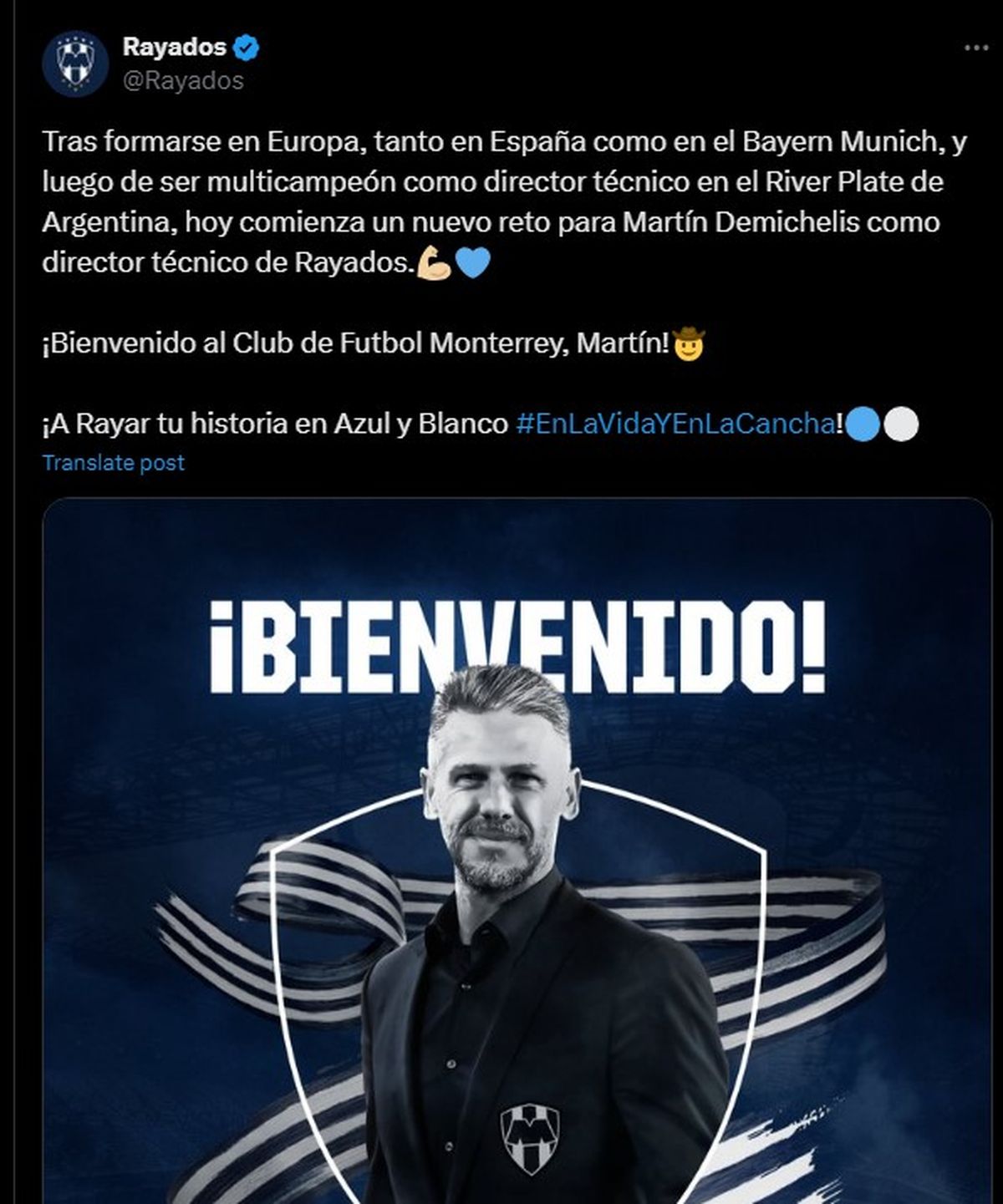 La publicación de Rayados de Monterrey presentando a Martín Demichelis como entrenador. La publicación de Rayados de Monterrey presentando a Martín Demichelis como entrenador. 