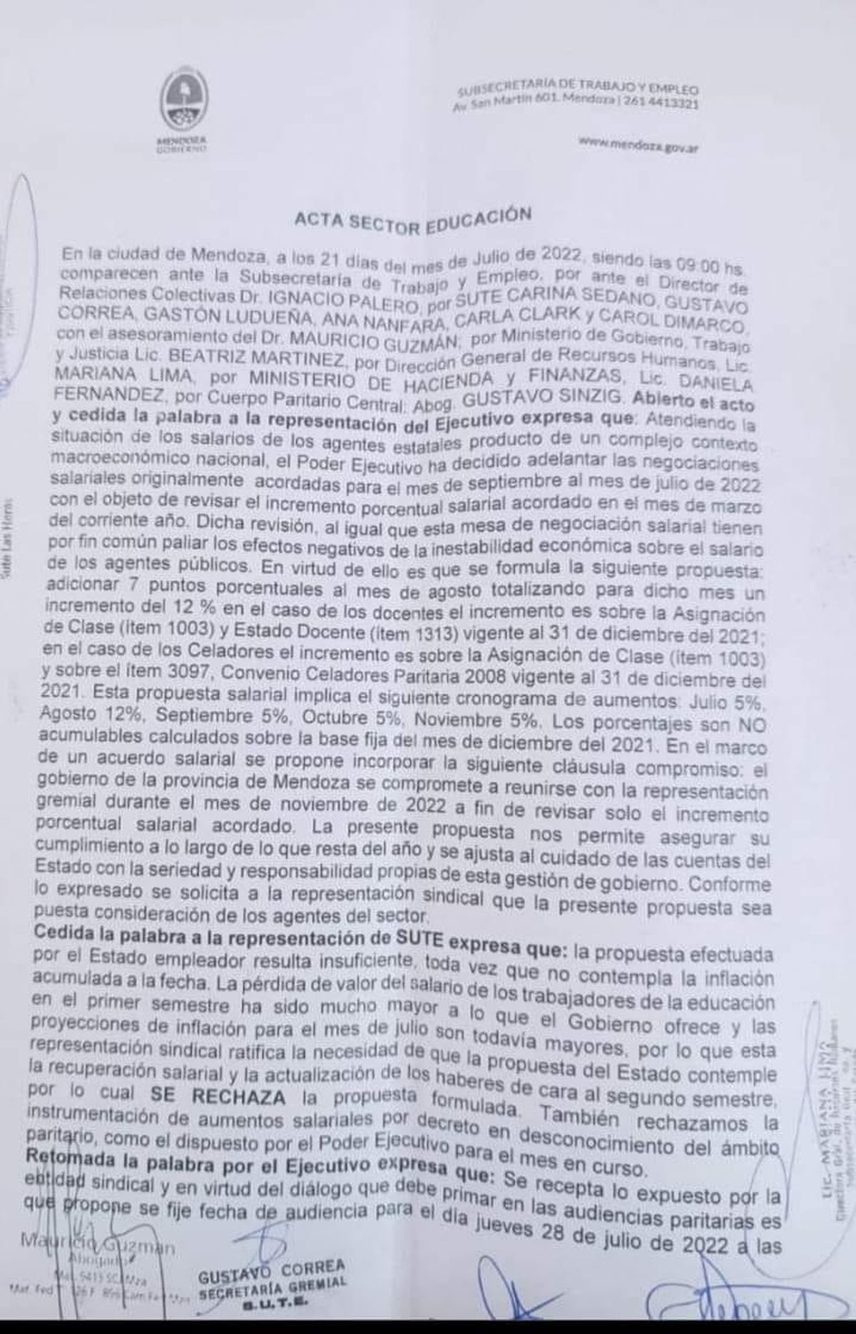 El acta de la reunión entre el Gobierno y el SUTE.