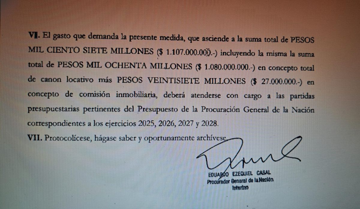 Vista parcial de la resolución de la Procuración General de la Nación que autoriza el alquiler de un edificio para los fiscales federales de Mendoza y Cuyo. Vista parcial de la resolución de la Procuración General de la Nación que autoriza el alquiler de un edificio para los fiscales federales de Mendoza y Cuyo.