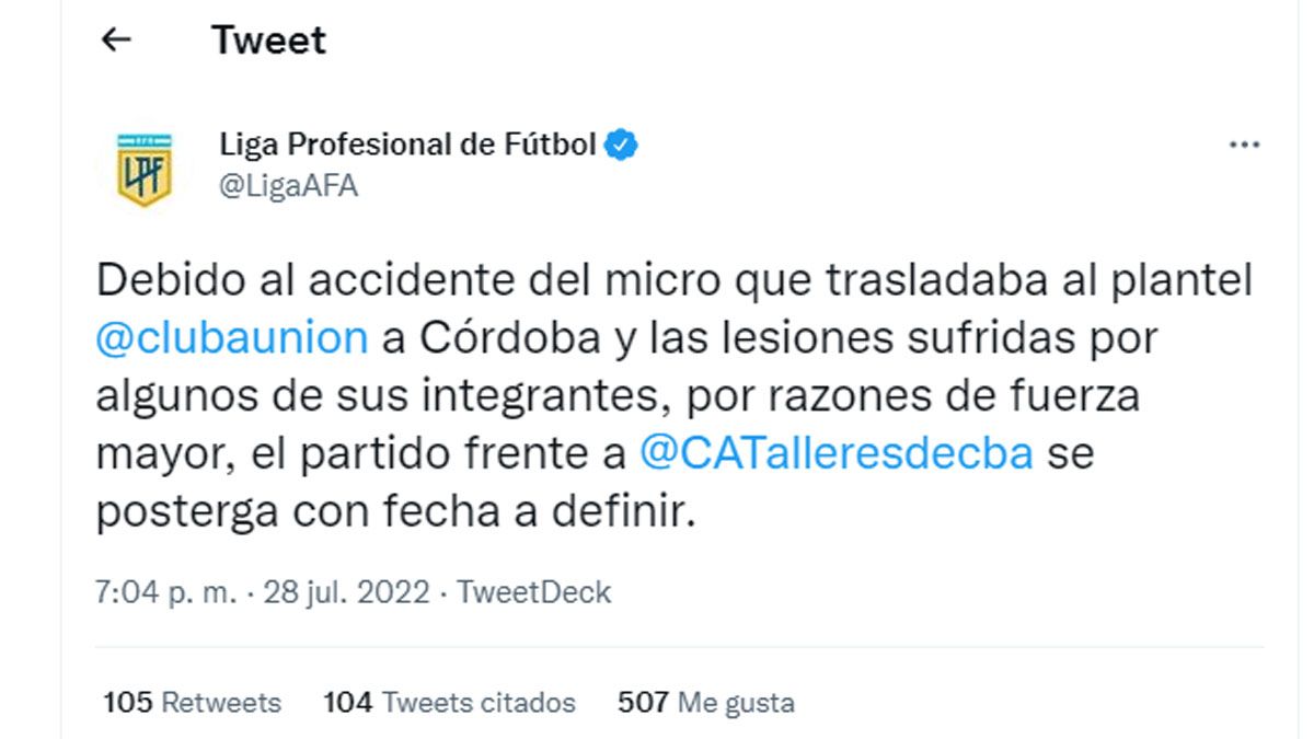 La Liga Profesional suspendió Talleres vs. Unión y la nueva fecha no esta definida