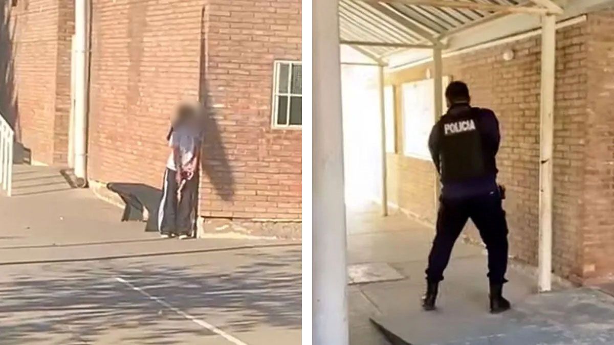 Del lado izquierdo, la niña empuñando el arma. A la derecha, uno de los policías que intentaba controlarla. Ambas secuencias corresponden a momentos distintos. Del lado izquierdo, la niña empuñando el arma. A la derecha, uno de los policías que intentaba controlarla. Ambas secuencias corresponden a momentos distintos.