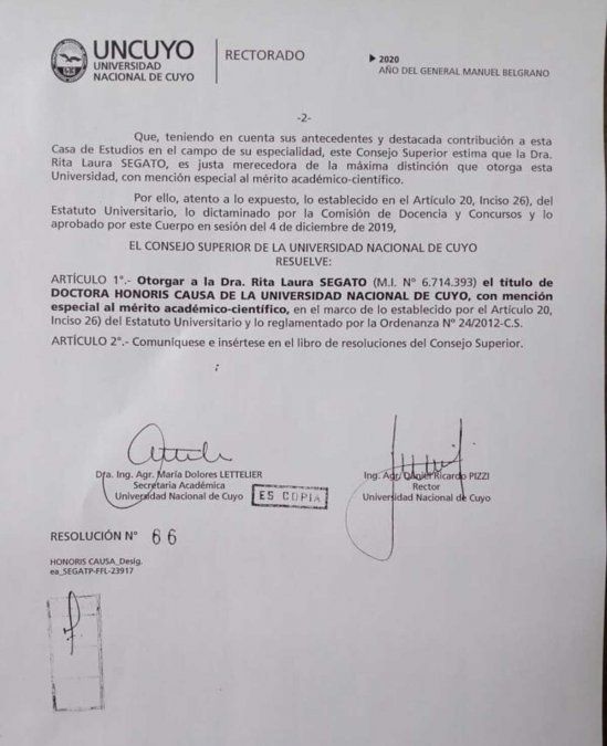 La UNCuyo decidió distinguir con el título de Doctora Honoris Causa a la escritora, antropóloga y activista feminista, Rita Segato. Será el lunes 8 de marzo.
