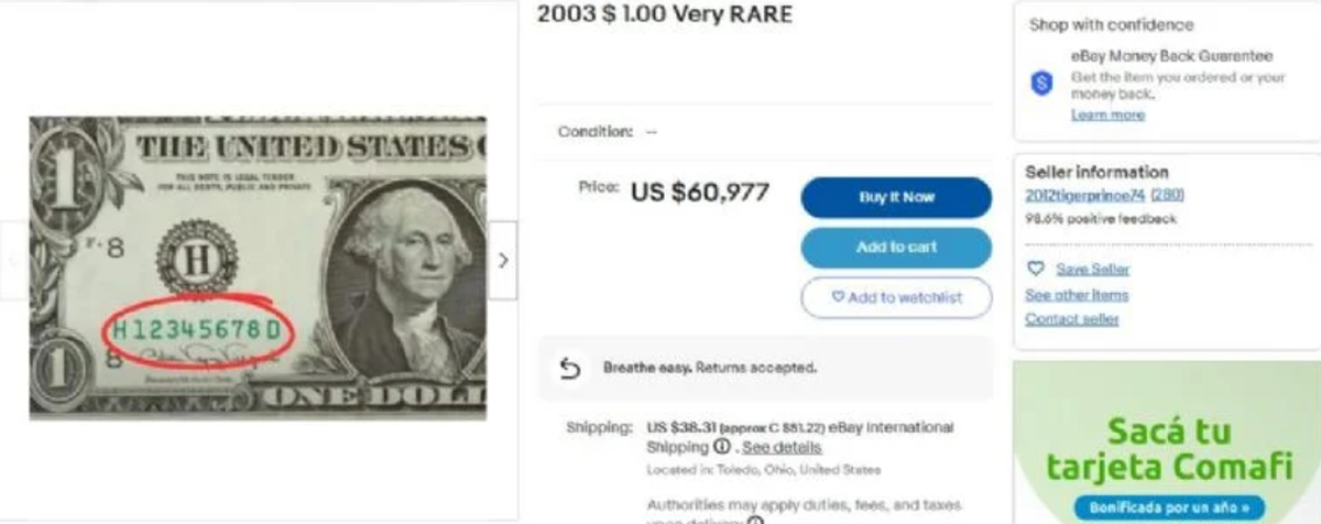 Numismática: billete de 1 dólar subastado en eBay. Numismática: billete de 1 dólar subastado en eBay.