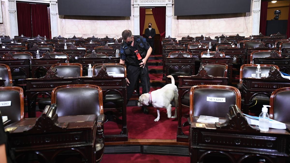 Con perros adiestrados. Momentos previos al ingreso de los legisladores.