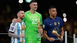 Lionel Messi, Dibu Martínez y Mbappé.