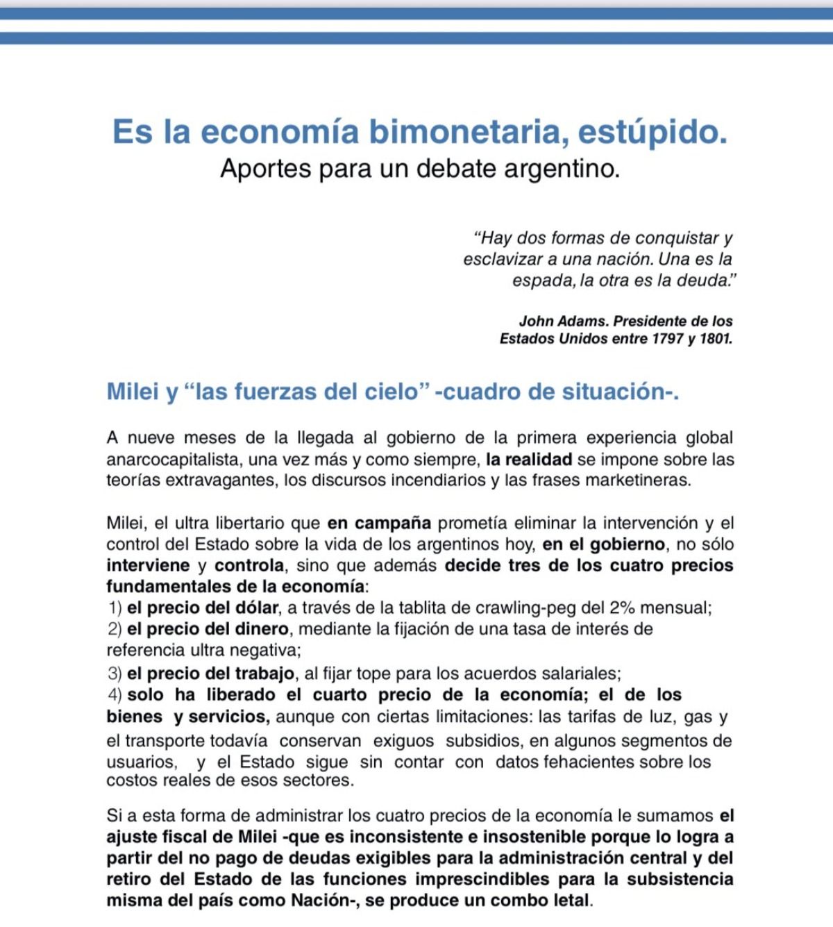 La primera página del análisis que publicó Cristina Kirchner este viernes. La primera página del análisis que publicó Cristina Kirchner este viernes.