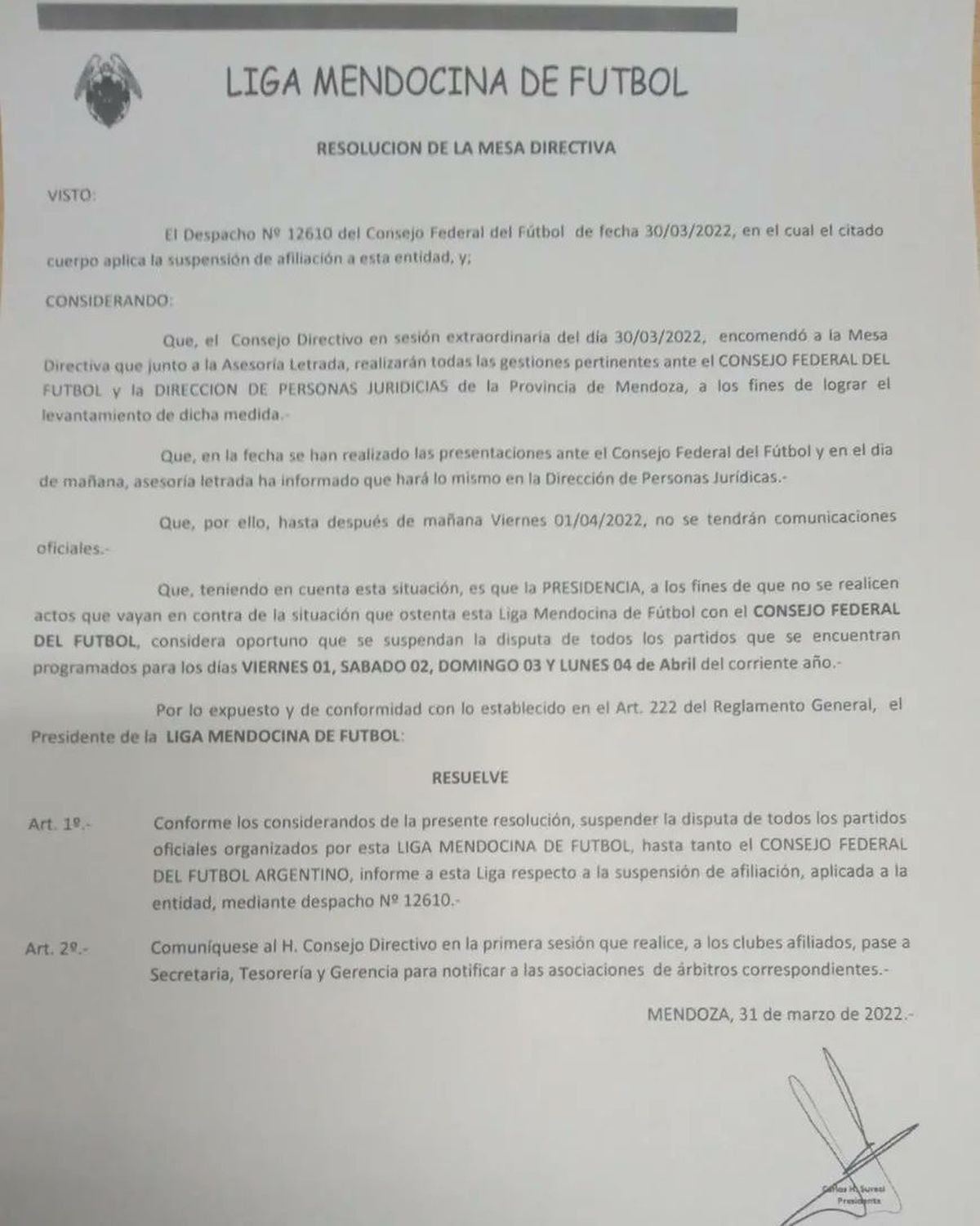La resolución de la Liga Mendocina de Fútbol tras ser desafiliada del Consejo Federal