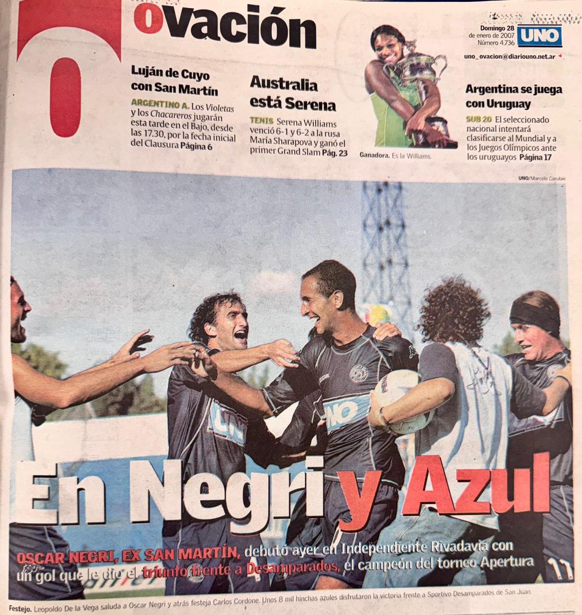 La tapa de Ovaci&oacute;n tras el 1-0 de Independiente Rivadavia ante Desamparados.