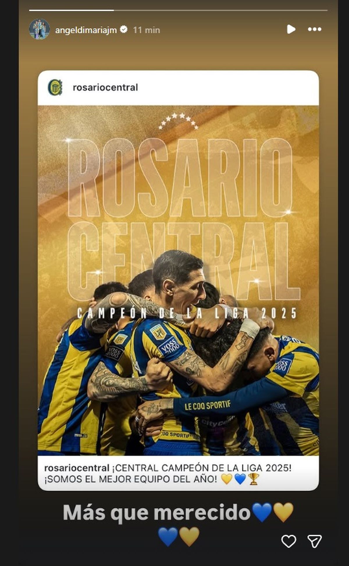 El posteo de &Aacute;ngel Di Mar&iacute;a celebrando el t&iacute;tulo de Rosario Central.