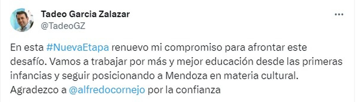 El tuit de Tadeo García Zalazar luego de que Cornejo lo confirmara como "superministro". El tuit de Tadeo García Zalazar luego de que Cornejo lo confirmara como "superministro". 