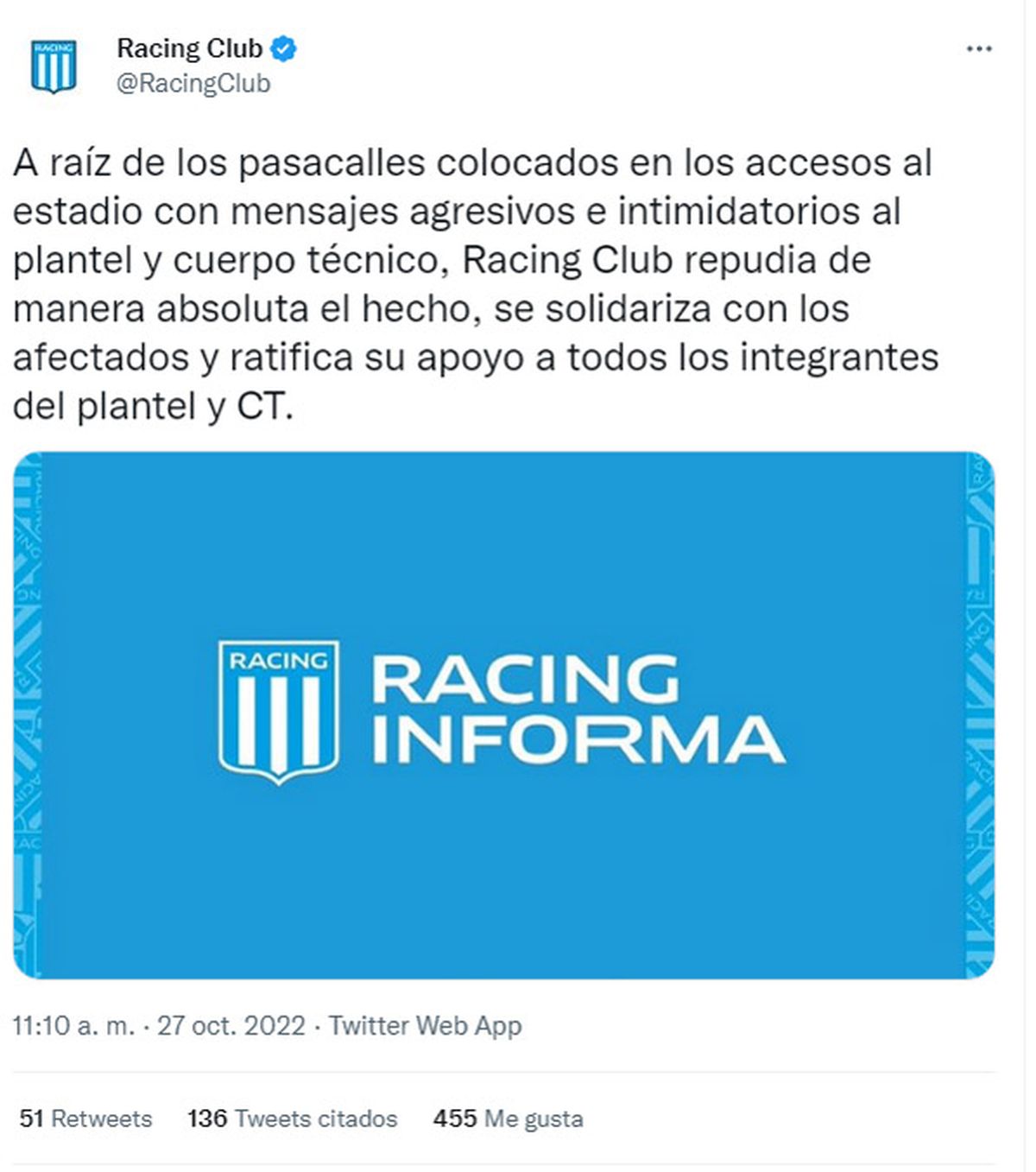 Comunicado de Racing Club por los pasacalles.