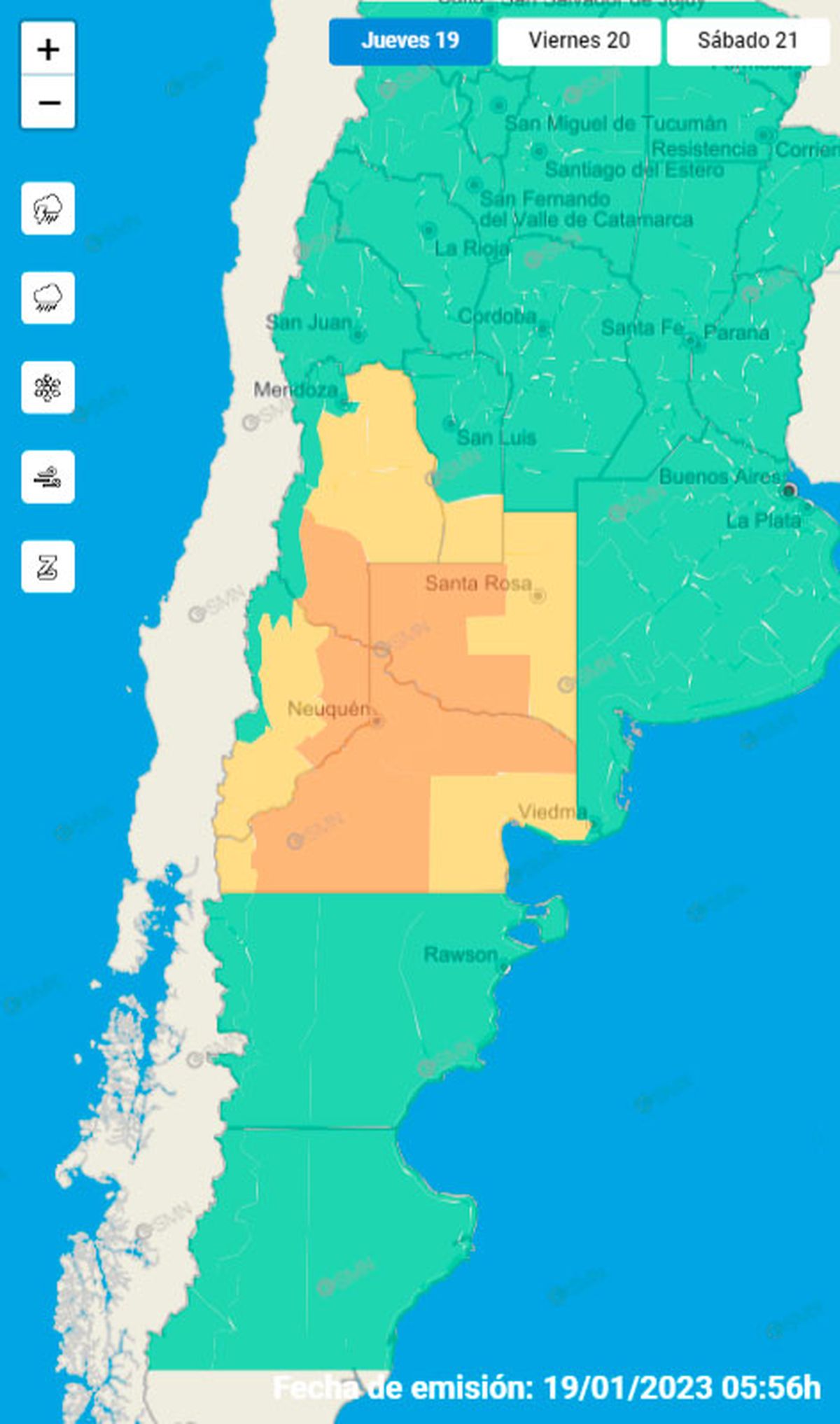 Mapa del Servicio Meteorológico Nacional con las alertas amarillas y naranjas para algunas provincias de Argentina.