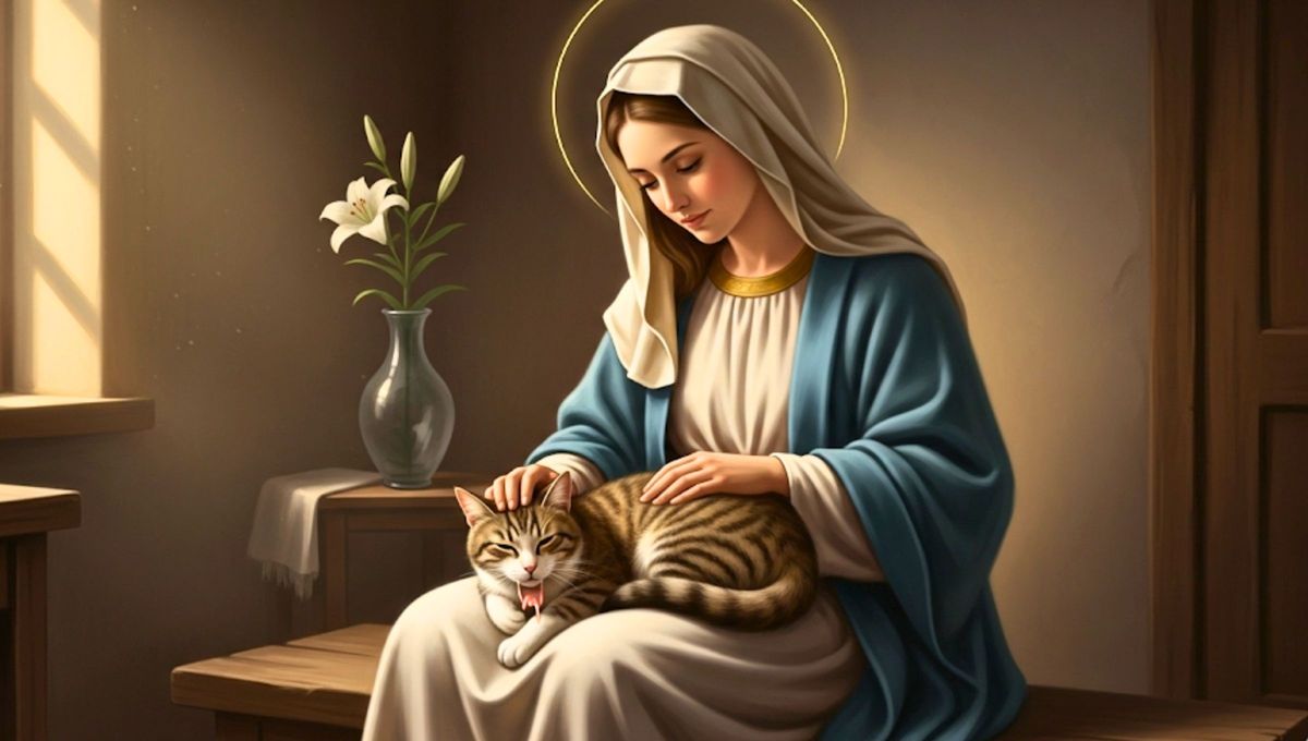 Un pequeño gato atigrado se subió al pesebre, se acurrucó junto a Jesús para calentarlo y comenzó a ronronear. María, llena de gratitud, acarició la frente del gato, dejándole la marca de su inicial para recordarle a la humanidad que un gato atigrado había consolado al Niño Jesús Un pequeño gato atigrado se subió al pesebre, se acurrucó junto a Jesús para calentarlo y comenzó a ronronear. María, llena de gratitud, acarició la frente del gato, dejándole la marca de su inicial para recordarle a la humanidad que un gato atigrado había consolado al Niño Jesús