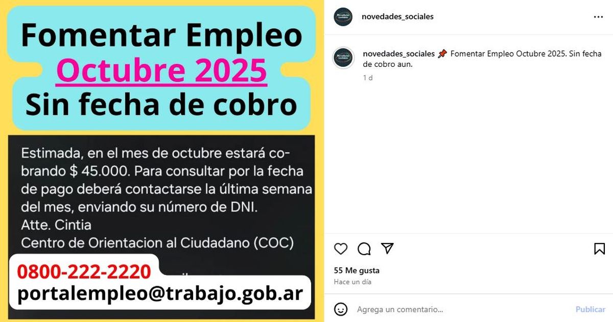 El portal Novedades Sociales mostr&oacute; el &uacute;ltimo mail que recibieron los titulares del programa Fomentar Empleo sin confirmar la fecha de pago en octubre de 2025.