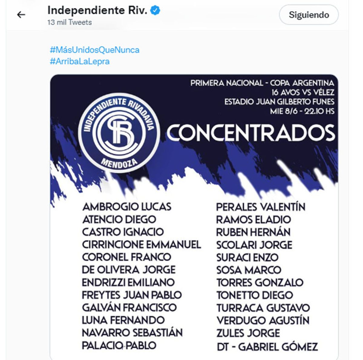 Estos son los concentrados de Independiente Rivadavia para enfrentar a Vélez.