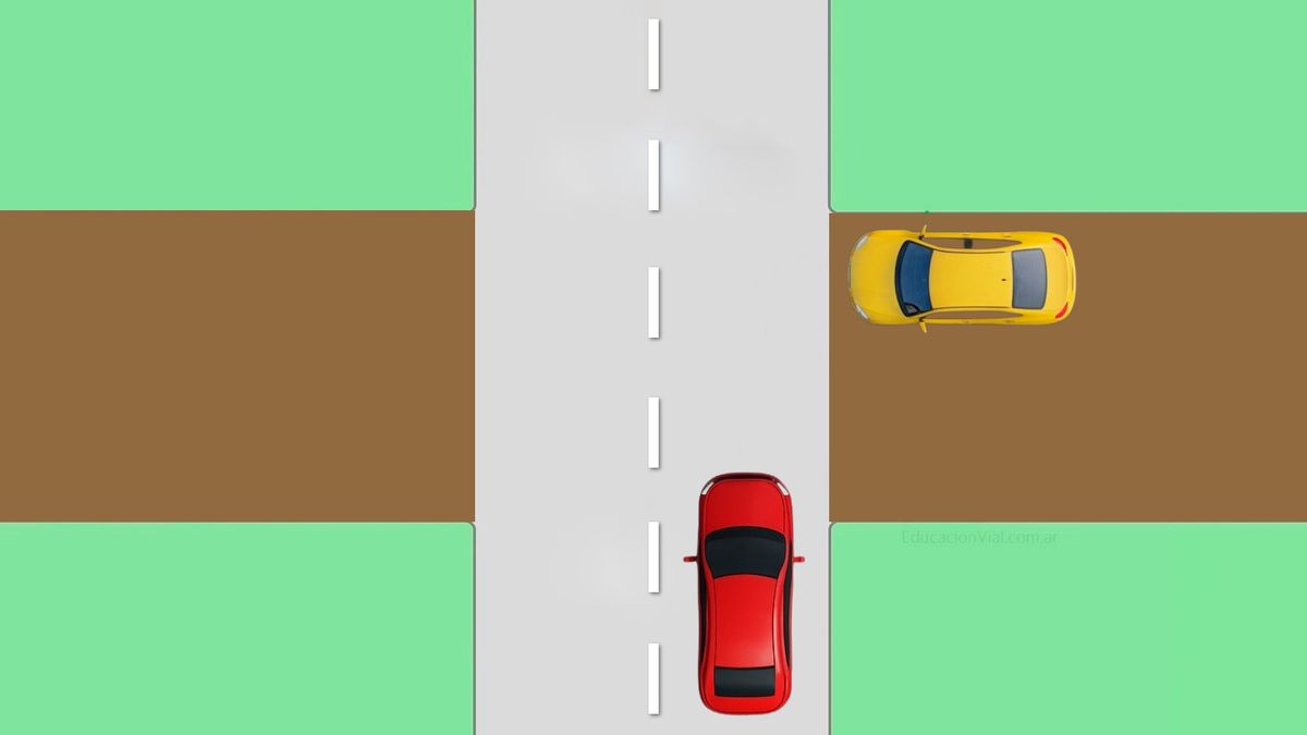 ¿Quién tiene prioridad de paso, el auto rojo o el amarillo que circula por calle de tierra?