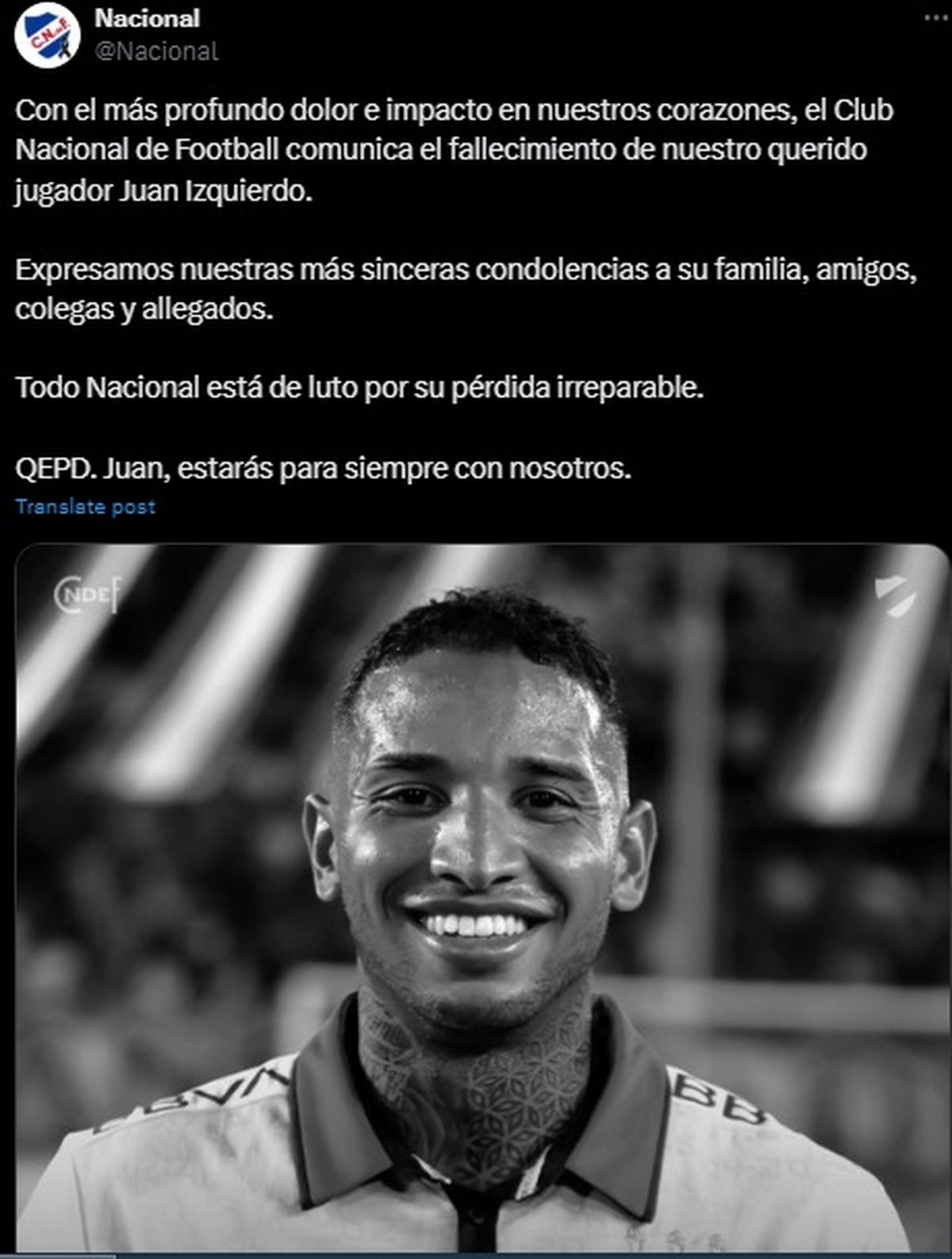 El comunicado de Nacional de Uruguay tras conocerse la muerte de Juan Izquierdo. El comunicado de Nacional de Uruguay tras conocerse la muerte de Juan Izquierdo.