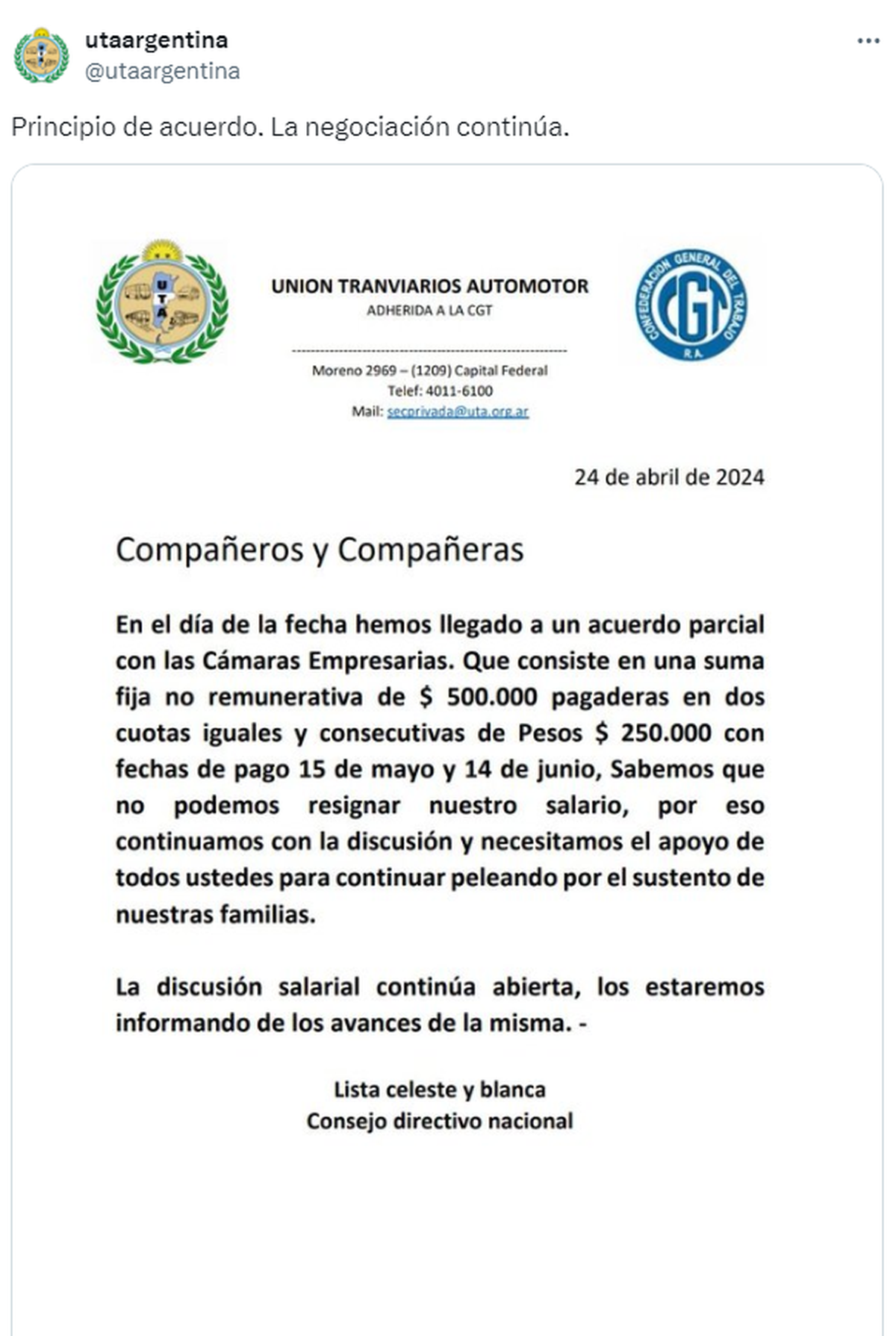 En su cuenta de X (exTwitter), la Unión Tranviarios Automotor informó el acuerdo parcial para el pago de un bono extraordinario. En su cuenta de X (exTwitter), la Unión Tranviarios Automotor informó el acuerdo parcial para el pago de un bono extraordinario.