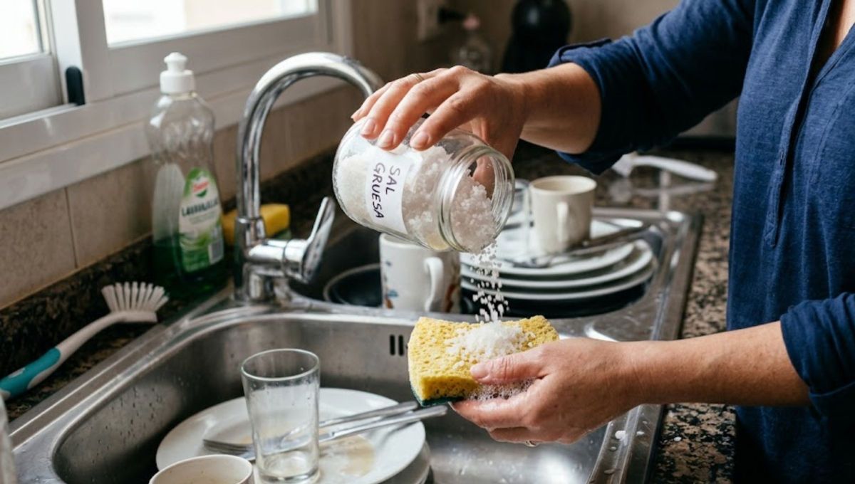 Colocar sal gruesa en la esponja de lavar los platos: por qué hacerlo y para qué sirve