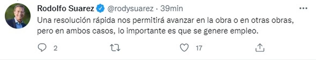 Uno de los tuits que publicó tras el cónclave el gobernador Rodolfo Suarez.