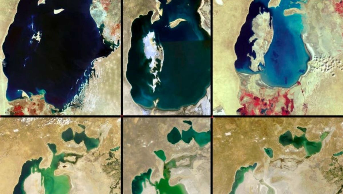 Im&aacute;genes satelitales del Mar de Aral tomadas en los a&ntilde;os 60, en 2000 y en 2014 aproxim&aacute;damente.