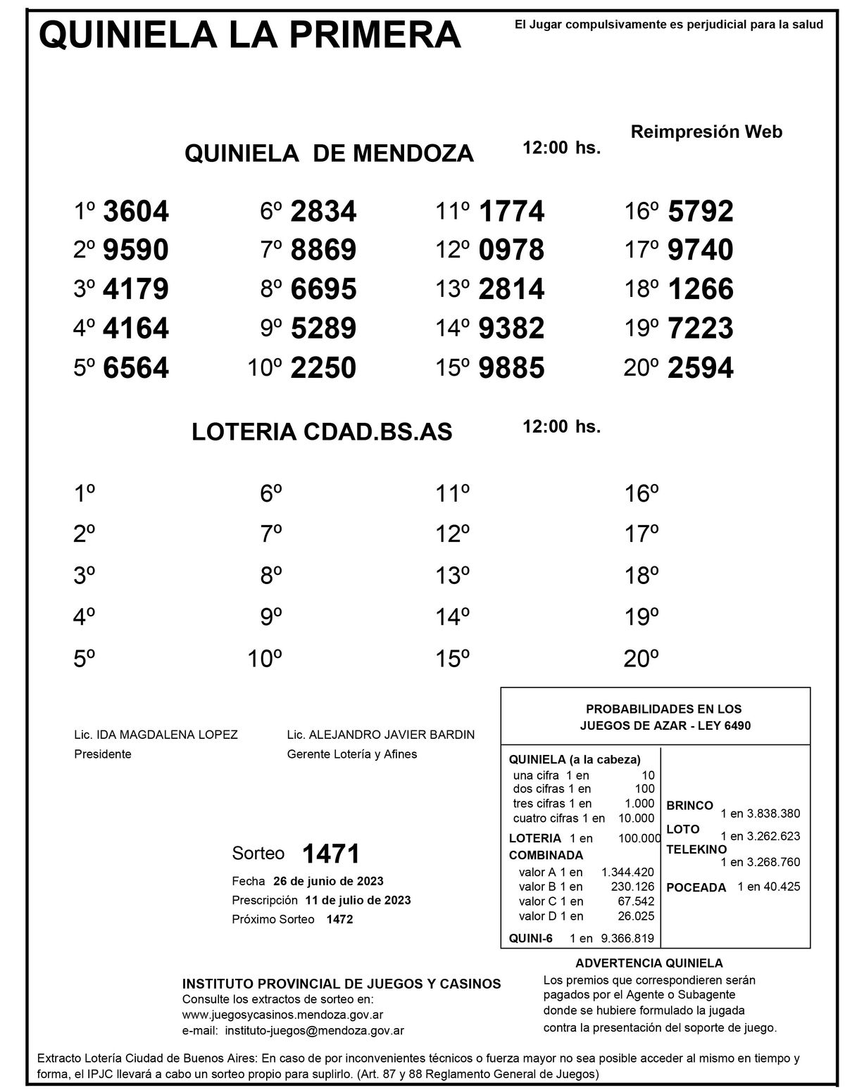 Extracto de la Quiniela de Mendoza en su edición la Primera del lunes 26 de junio.