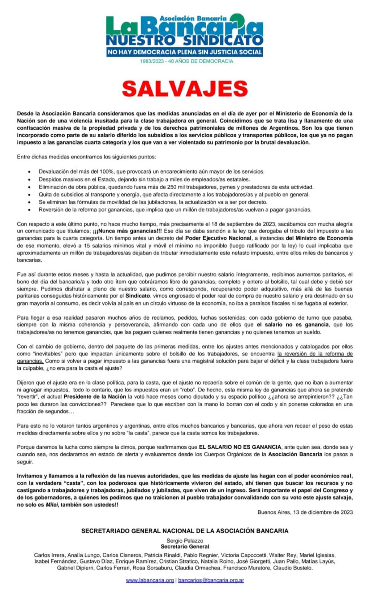El comunicado de La Bancaria. El comunicado de La Bancaria.
