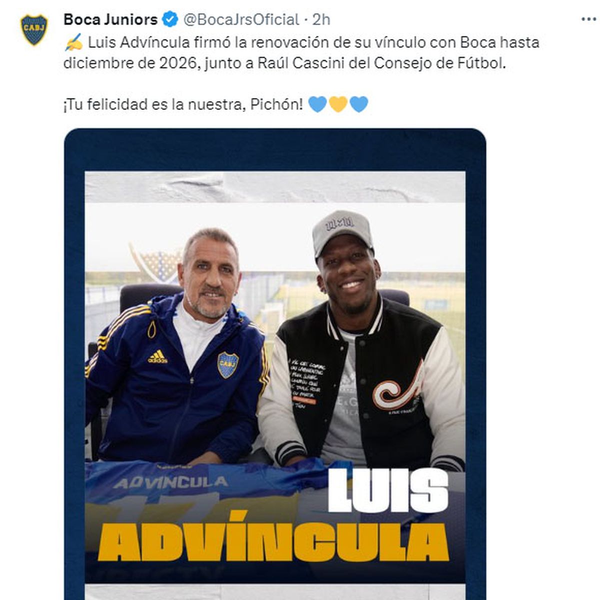 El mensaje de Boca en sus redes sociales tras la renovación de Advíncula. El mensaje de Boca en sus redes sociales tras la renovación de Advíncula.
