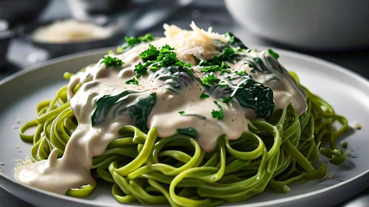 Recetas: cómo hacer fideos verdes de espinaca cruda. Foto: creada con IA. Recetas: cómo hacer fideos verdes de espinaca cruda. Foto: creada con IA.