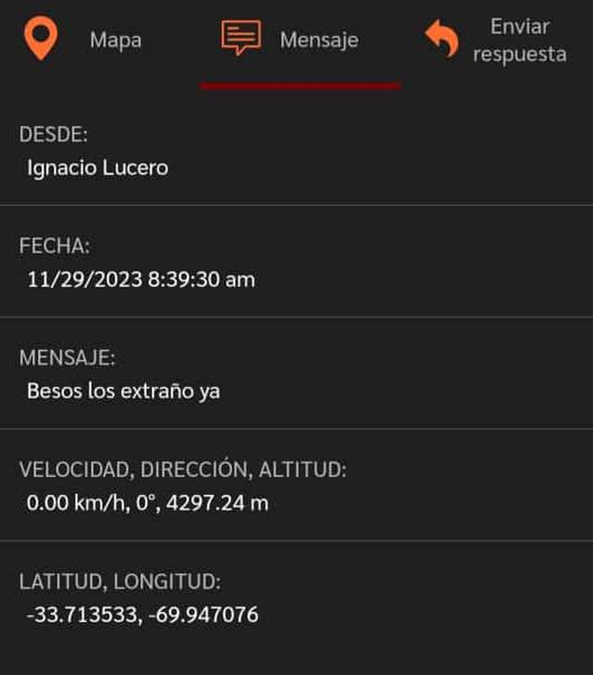 El último mensaje que el andinista Ignacio Lucero le mandó hace un año a su pareja desde el cerro Marmolejo, en Chile. El último mensaje que el andinista Ignacio Lucero le mandó hace un año a su pareja desde el cerro Marmolejo, en Chile.