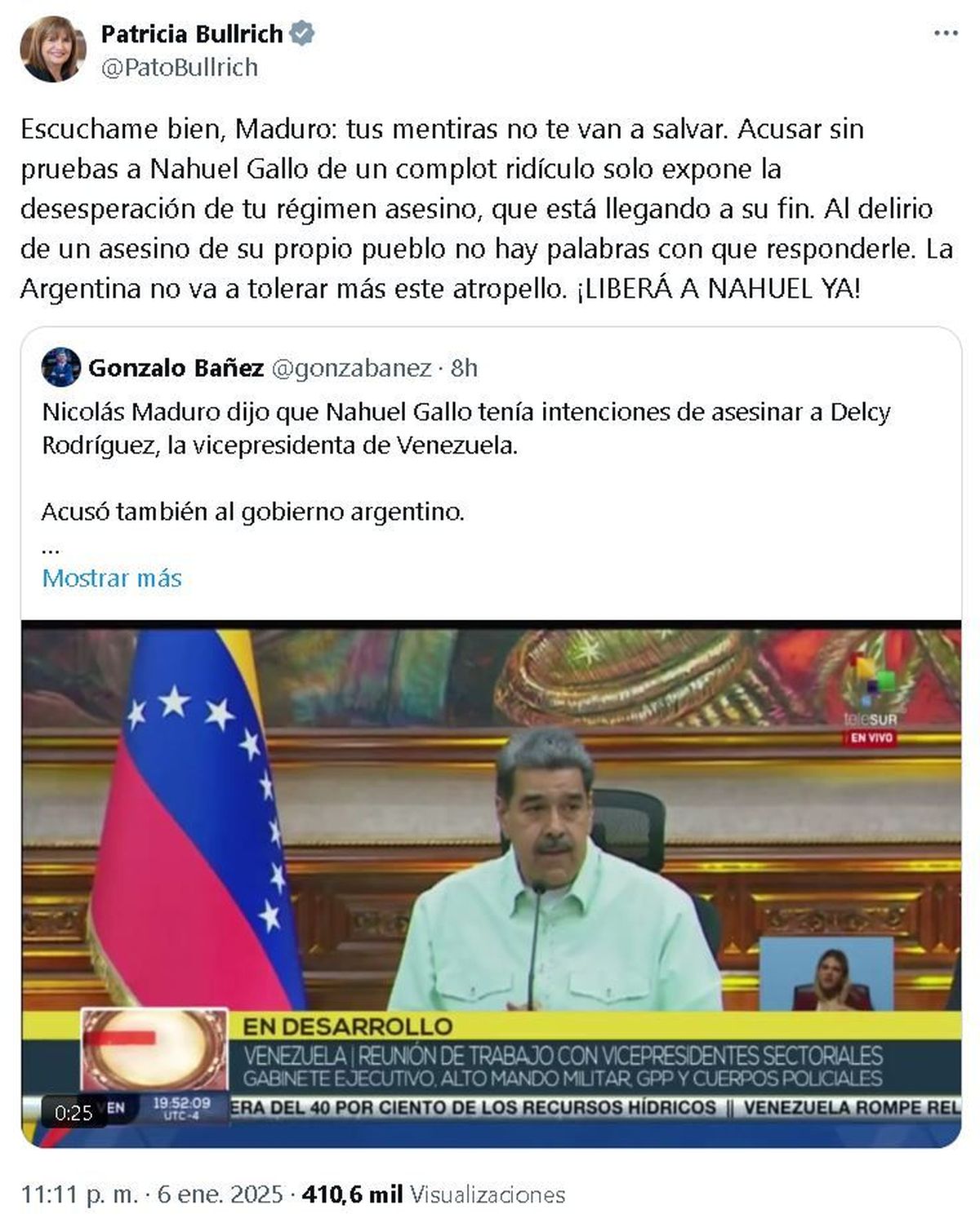 La ministra de Seguridad le contestó a Maduro y volvió a reclamar por la liberación del gendarme argentino detenido en Venezuela. La ministra de Seguridad le contestó a Maduro y volvió a reclamar por la liberación del gendarme argentino detenido en Venezuela.
