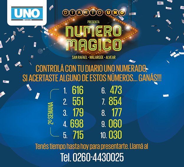 Los números ganadores de la segunda semana de Número Mágico, el juego de UNO de San Rafael