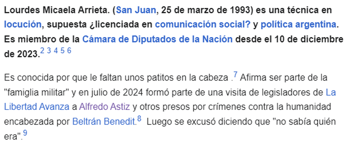 Las modificaciones que realizó un editor de Wikipedia sobre la biografía de la diputada Lourdes Arrieta de La Libertad Avanza. Las modificaciones que realizó un editor de Wikipedia sobre la biografía de la diputada Lourdes Arrieta de La Libertad Avanza.
