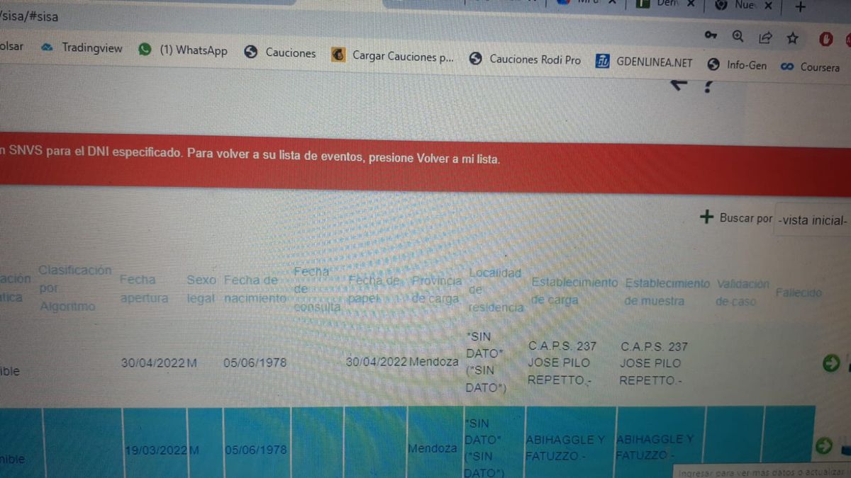 Captura de pantalla de una de las supuestas cargas apócrifas realizadas desde el centro de salud maipucino.