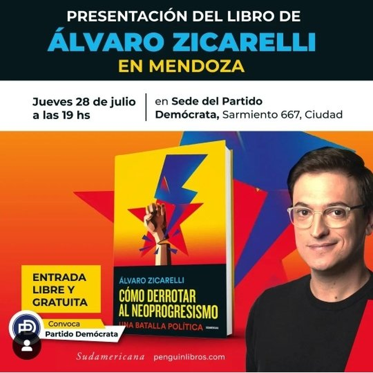 El banner con el que el Partido Demócrata convocó a la charla de Zicarelli, esta semana en su sede.