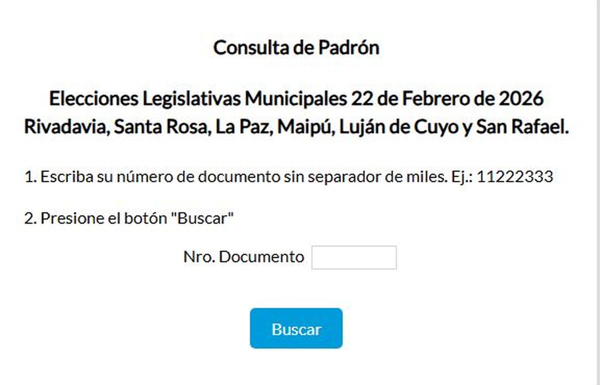 Captura de la página oficial para consultar el padrón de las elecciones 2026 en seis comunas.