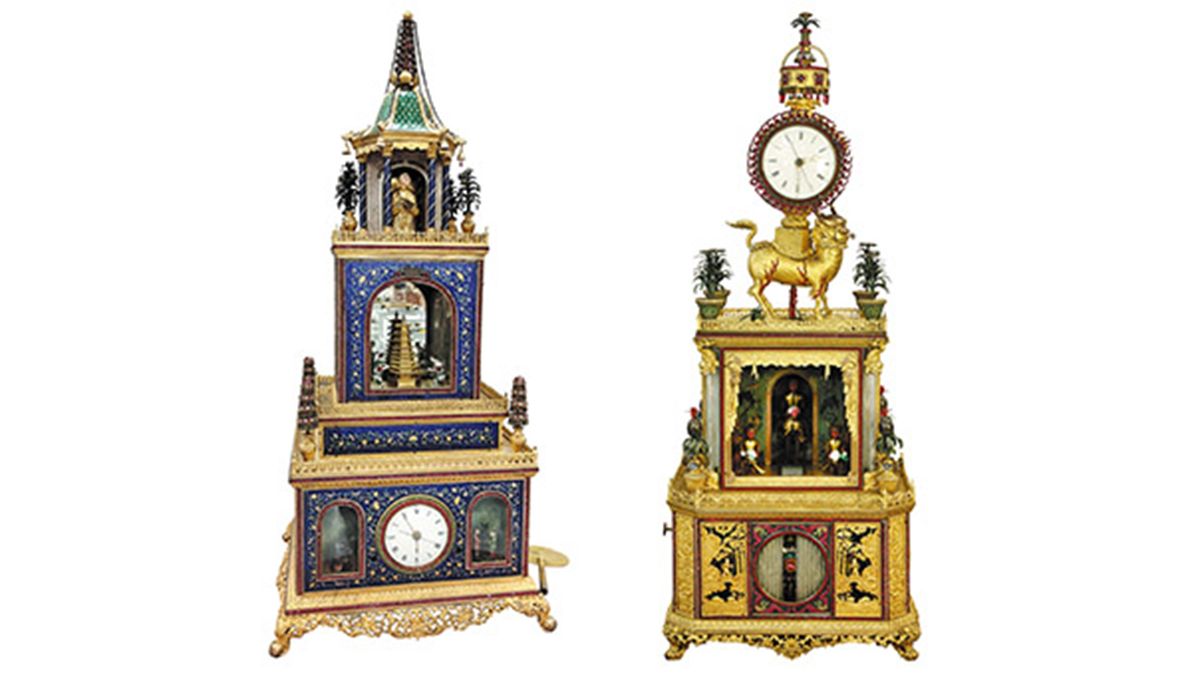Dos relojes de cobre dorado fabricados en Guangzhou, un importante centro de producción de relojes para la corte imperial, combinan técnicas de relojería occidentales con elementos chinos. PARA USO DE CHINA DAILY 